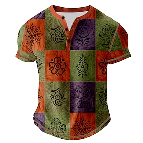Men's Color Block Patchwork Henley Shirt Tee Short Sleeve Vintage Fashion Desig…