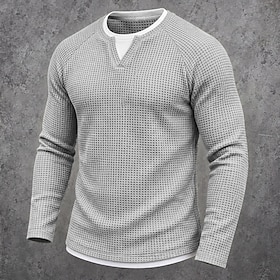 Men's Waffle T-shirt T Shirt Long Sleeve V Neck Fall Winter Spring Fall Solid Color Textured Traditional / Vintage Casual Fake two piece Casual Home Outdoor B