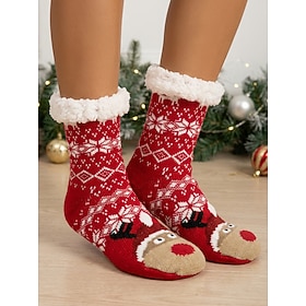 Women's Christmas Socks, Cozy Plush Fuzzy Home Socks with Santa Claus, Christmas Tree and Reindeer Patterns, Acrylic Warm Winter Crew Socks, Thick Lined Holida