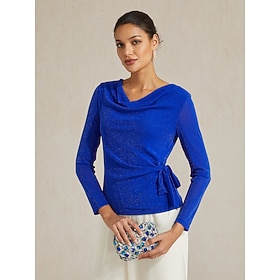 Women's Blouse Wrap Tops Knit Shirts Tie Front Knit Metallic Solid Color Plain Elegant Fashion Stylish Long Sleeve Cowl Neck Regular Tops Daily Wedding Guest G