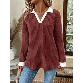 Women's T Shirt Tee Top Basic Casual Long Sleeve V Neck Regular Tops Casual Daily Blue Khaki Black Pink Red Spring Fall