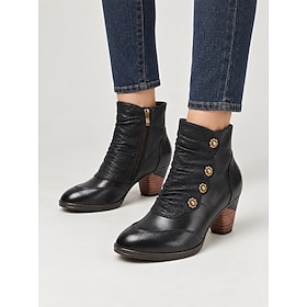Women's Burgundy Ankle Boots in Faux Leather with Side Zip, Ruched Floral Button Detail, Round Toe and Stacked Block Heel for Mature Women, Fall Casual, Office
