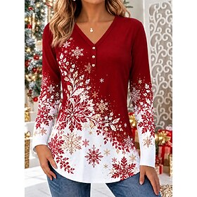 Christmas Women's T Shirt Elegant Daily Basic Stylish Long Sleeve V Neck Regular Tops Casual White Red Green Red White Winter
