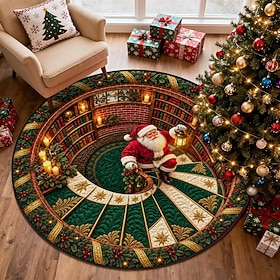 Christmas Round Area Rug Doormat, 3D Optical Illusion Santa Claus and Red White Spiral Design, Snowman, Festive Holiday Carpet for Entryway, Living Room and Fi