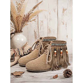 Women's Almond Boho Fringe Ankle Boots – Lace-Up Western Moccasin Booties with Beaded Tassel Detail, Ethnic Tribal Style Casual Boots for Fall, Country Festiva