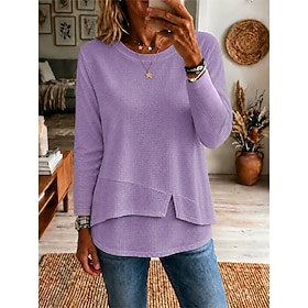 T-shirt à manches longues 7/8 en maille gaufrée pour femme, blanc, en coton, col rond, patchwork texturé, coupe longue, idéal pour tous les jours. Coloris : bl