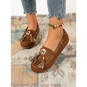 Women's Brown Western Moccasin Loafers, Round Toe Slip-On Flats With Tassel And…