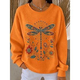 Women's Pullover Print Floral Graphic Warm Classic Casual Long Sleeve Crew Neck Regular Tops Casual Home Street Black Purple Orange Spring Fall Winter