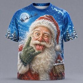 Christmas Men's Santa Claus T Shirt Short Sleeve T shirt 3D Print Crew Neck Shirt Daily Designer Artistic Vacation Party Street Blue All Seasons Clothing Appar