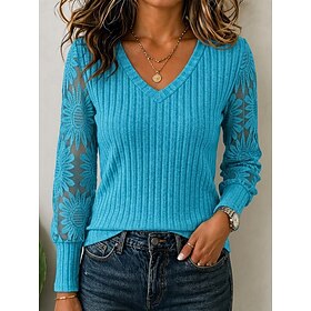 Women's Lace Splicing Top Texture Knit Vintage Long Sleeve V Neck Regular Tops Casual Blue Purple Rose Red Spring Fall