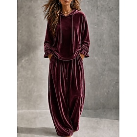 Women's Velvet Pants Sets Long Sleeve Hooded Christmas Fashion Formal Casual Daily Vacation Pink Wine Green Fall