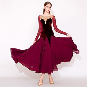 Ballroom Dance Dress Rhinestone Pleats Splicing Women's Party Training Performance Long Sleeve High Elastane Velvet