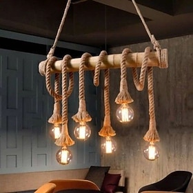 Lámpara colgante rústica de cuerda de 6 luces, luminaria de techo de madera de bambú, cable de cuerda de cáñamo ajustable, iluminación industrial de estilo rús