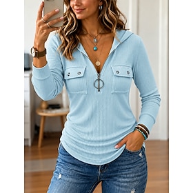 Women's Textured Knit Tops T Shirt Solid Color Bohemia Vintage Stylish Long Sleeve Hooded Regular Tops Casual Daily Weekend Blue Spring Fall Winter