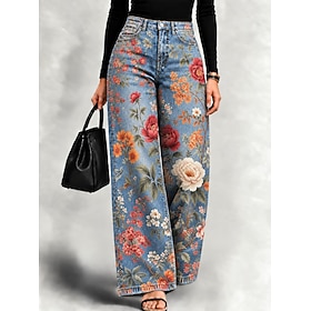 Jeans de mujer de mezclilla y mezcla de algodón, pierna ancha, estilo vacaciones, vintage, básicos, largos, cintura alta, estampado floral, cómodos, cómodos, i