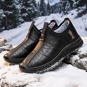 Men's Fur-Lined Slip-On Winter Shoes, Embossed Non-Slip Outdoor Walking Shoes F…