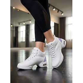 Chaussures de danse jazz pour femmes, baskets montantes blanches en cuir PU avec talon rembourré, idéales pour le jazz, l'aérobic, le fitness et les cours en s