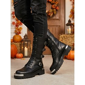 Men's Black Combat Boots, Lace-Up Mid-Calf Biker Boots with Buckle Straps and Chunky Lug Sole for Edgy Men, Motorcycle Riding, Halloween and Punk Streetwear