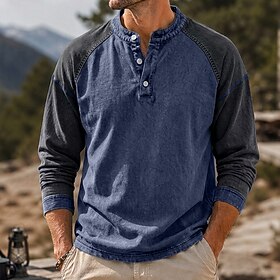 DenimTone™️Men's T Shirt Henley Shirt Tee Top Long Sleeve Plain Solid Vintage Streetwear Casual Color Block Washed Raglan Sleeves Henley Casual Home Street Fal