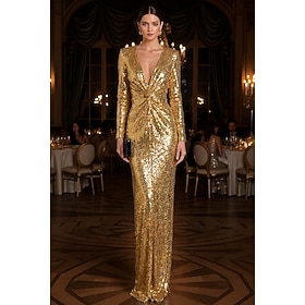Mermaid Trumpet Floor Length Prom Dresses Evening Gown Ball Gown Formal Dress Elegant Glittering Celebrity Style Long Sleeve V Neck Garden Party Wedding Sequin