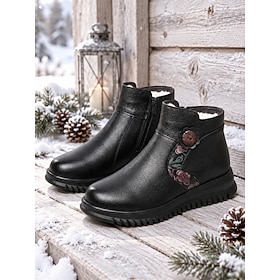 Women's Black Winter Ankle Boots - Floral Accent Side Zip Boots With Warm Linin…