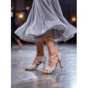Women's Latin Dance Shoes White Iridescent Strappy High Heel Sandals with Ankle Strap for Ballroom Salsa Tango Competition  Performance Dancing