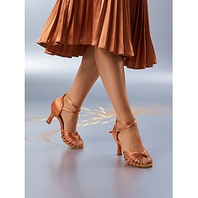 Women's Latin Dance Shoes Tan Satin Strappy High Heel Sandals with Ankle Strap for Ballroom Salsa Tango Competition  Performance Dancing