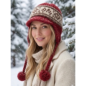 Women's Fair Isle Knit Earflap Hat, Polyester Knitted Winter Trapper Beanie in Multiple Colors with Braided Tassels, Cozy Christmas Snow Hat for Travel, Outdoo