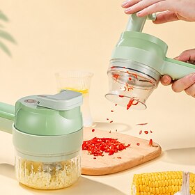 4-in-1 Electric Vegetable Chopper, Cordless Manual Food Processor with Multifunction Cutting Blades, Portable Kitchen Cutter for Chopping, Slicing, Dicing Gar