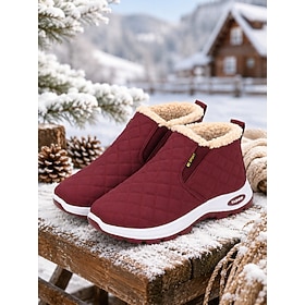 Women's Dark Red Quilted Winter Ankle Boots, Warm Fleece-Lined Slip-On Snow Boo…