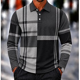 Men's Color Block Geometic Waffle Polo Shirts Textured Long Sleeve Polo Shirts Collared Shirts Business Casual Business Wear to work Daily Wear 3D Print Button