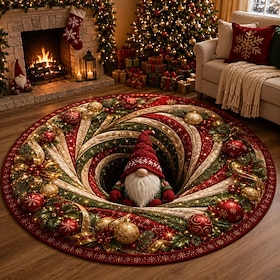 Christmas 3D Vortex Optical Illusion Round Rug, Non Slip Decorative Floor Mat, Festive Visual Trap Design, Xmas Home Decoration Gift for Family and Holiday Par