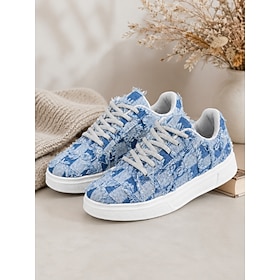 Zapatillas deportivas de mezclilla azul para mujer – calzado casual con cordones de lona lavada desgastada, estilo streetwear, ideales para caminar, viajar, pa