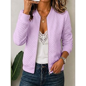 Women's Textured Zip Up Patchwork Casual Long Sleeve Round Neck Regular Tops Blue White Black Navy Blue Violet Fall Winter