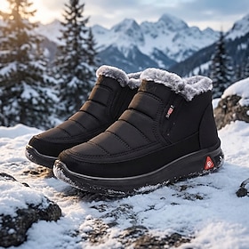 Men's Black Fur-Lined Puffer Ankle Boots, Lightweight Warm Slip-On Winter Shoes for Outdoor Men, Snow Walking, Camping and Travel