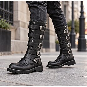 Men's Knee-High Combat Boots, Black Multi-Buckle Lace-Up Gothic Punk Street Boots
