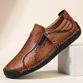 Men's Brown Side-Zip Casual Shoes, Hand-Stitched Comfort Slip-On Loafers For Ma…
