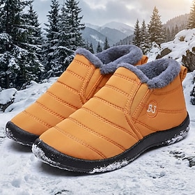 Men's Orange Fur-Lined Quilted Ankle Boots, Lightweight Slip-On Warm Winter Shoes for Mature Men, Snow Walking, Commuting and Travel