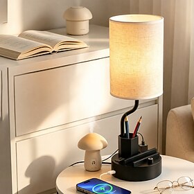Bedside Lamps for Bedroom, Dimmable Table Desk Lamp for Nightstand Plug-in Table Lamp for Living Room with Pen Holder Phone Stand, USB AC Port, AC Outlet, for