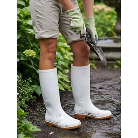 Women's White Knee-High Rain Boots, Classic Waterproof Wellington Boots with Round Toe, Contrast Lug Sole and Low Heel, Practical Garden Boots for Gardening, R