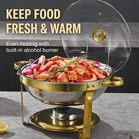 Chafing Dish Buffet Set, 5 Qt 4 Pack, Stainless Steel Chafer with 4 Full Size Pans, Round Catering Warmer Server with Lid Water Pan Folding Stand Clip, for Wed