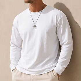Men's Tee Top 100% Cotton Long Sleeve Shirt Long Sleeve Crew Neck All Seasons Solid Color Plain Daily Casual Street Style Crewneck Casual Outdoor Street White