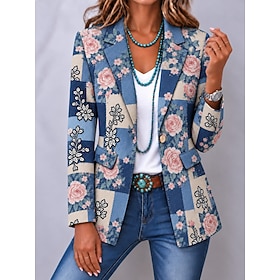 Women's Blazer Warm Comfortable Pocket Buttons Daily Casual Floral Casual Formal Regular Notch Lapel Long Sleeve Outerwear Blue Spring Fall