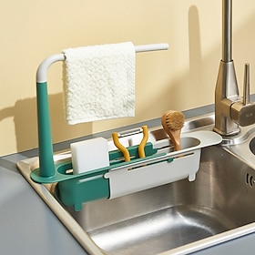 1/2PCS Upgraded Telescopic Sink Organizer Rack - 2-in-1 PP Plastic Expandable Storage Tray with Buckle, Detachable Tray, Hollow Basket, Sponge Soap Holder, Clo