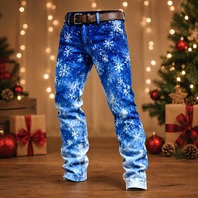 Men's Snowflake Dress Pants Mid Waist Vintage Casual Home Outdoor Vacation Printed Zipper Pocket Summer Spring Fall Graphic Print Light Blue Dark blue Red