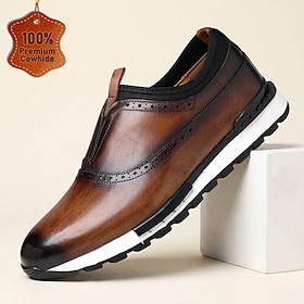 Men's Genuine Cowhide Leather Casual Shoes, Brown Slip-On Walking Shoes With Br…