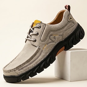 Men's Gray Moc-Toe Hiking Shoes, Lace-Up Chunky Non-Slip Outdoor Walking Shoes …