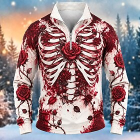 Halloween Men's Skull Blood stains Quarter Zip Polo Long Sleeve Standing Collar Casual Daily Trendy Casual Vacation Athleisure Zip Up Fall Winter 1# 2# 3#