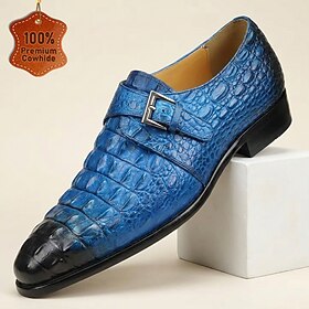 Men's Genuine Cowhide Blue Crocodile-Embossed Monk Strap Shoes, Buckle Pointed Toe Dress Shoes for Stylish Men, Weddings, Parties and Stage Events