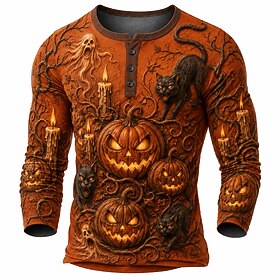 Men's Halloween Graphic Halloweenpumpkin Henley Shirt Long Sleeve Fashion Cute …